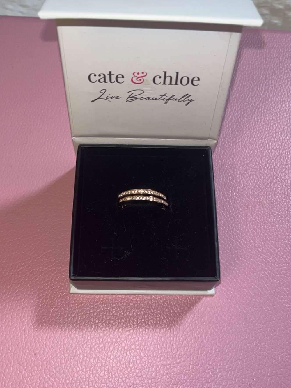 Cate & Chloe Rose Gold Double Row Crystal Ring - Pink Accents